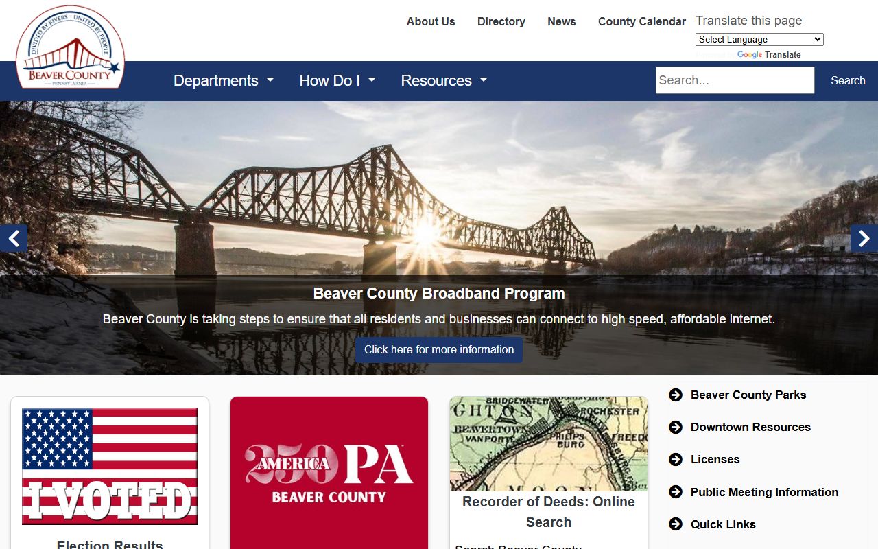 Beaver County Pennsylvania homepage showing public records departments