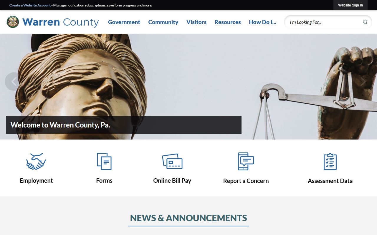 Warren County Pennsylvania homepage for public records access