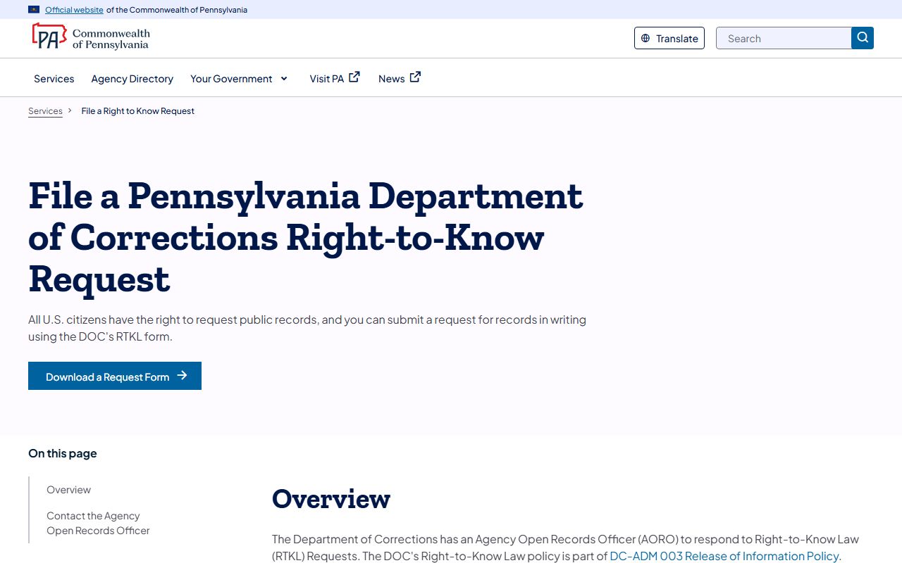 Pennsylvania Department of Corrections Right-to-Know page for requesting public records from DOC