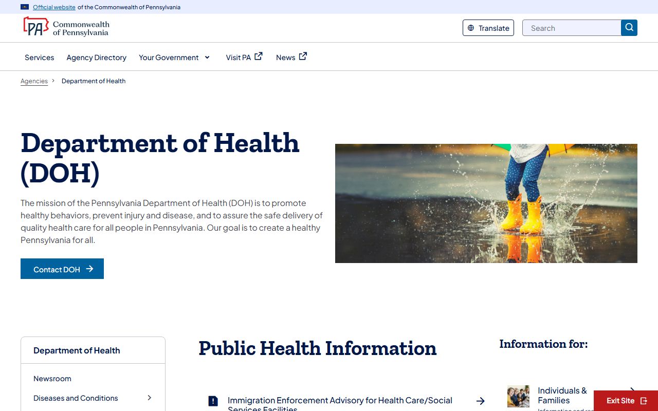 Pennsylvania Department of Health website showing vital records ordering and public health data