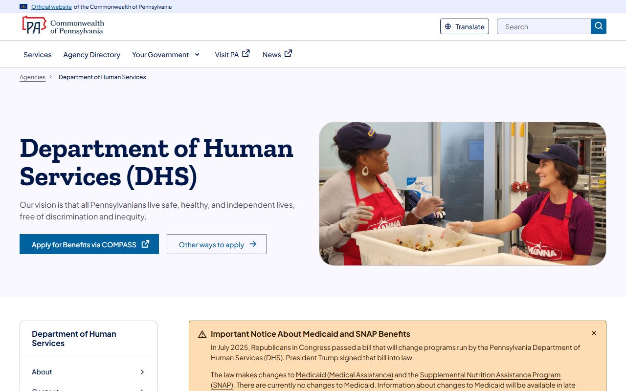 Pennsylvania Department of Human Services website showing public records and benefit program information