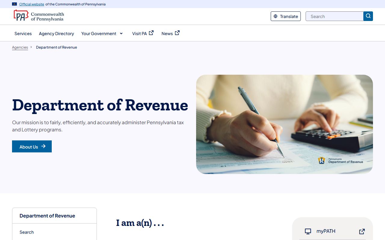 Pennsylvania Department of Revenue website showing tax records, reports, and public financial documents