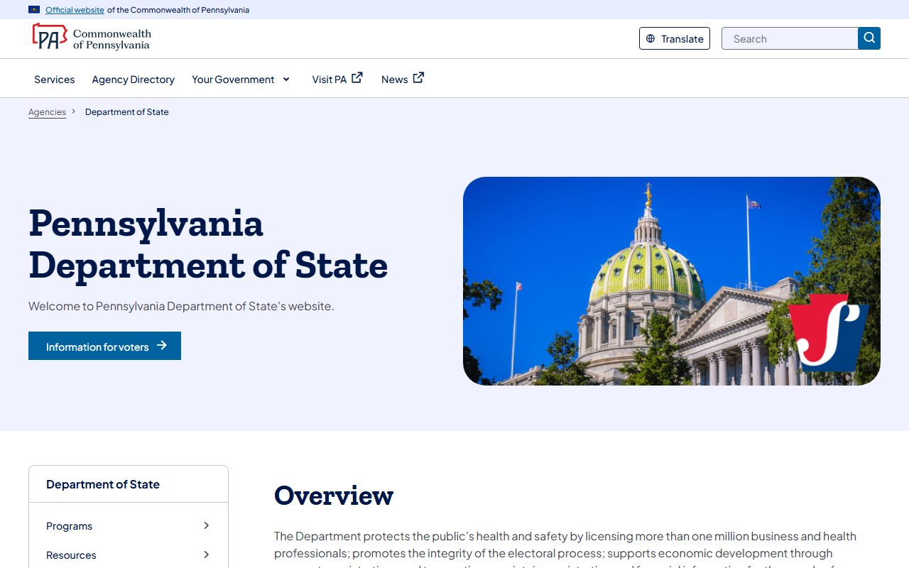 Pennsylvania Department of State website for voter registration, business licensing, and public records