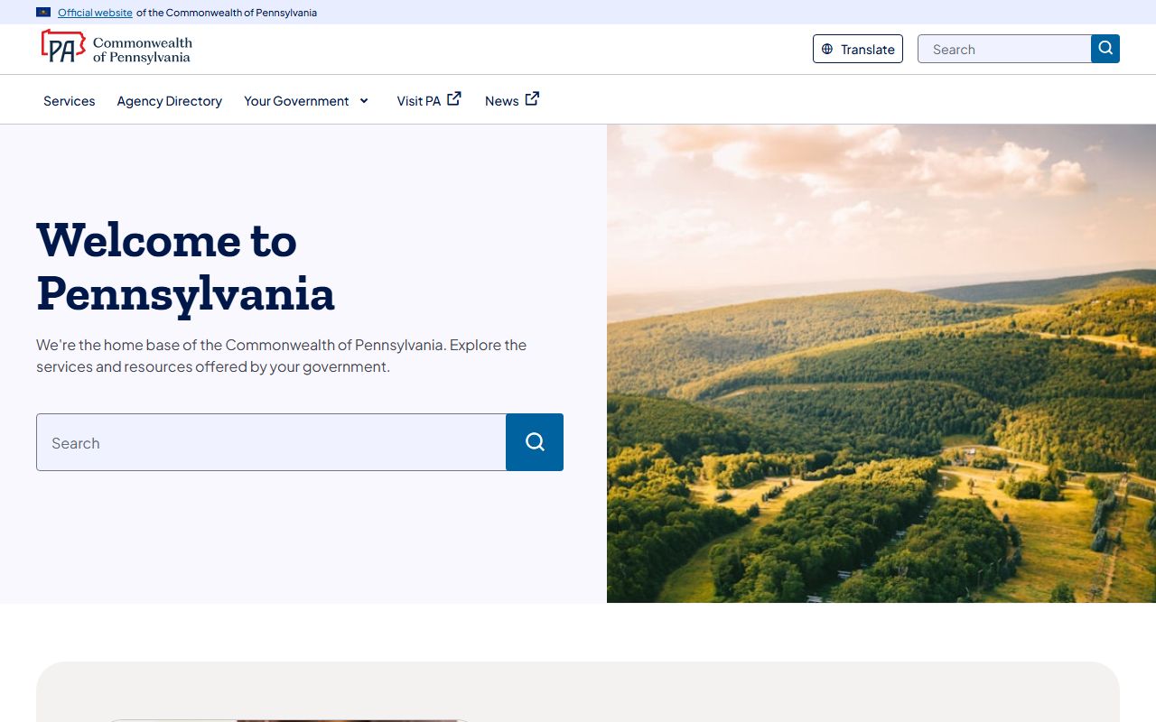 Pennsylvania state government portal homepage at pa.gov for accessing public agency records