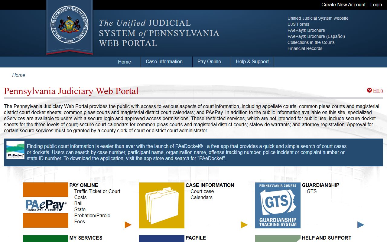 Pennsylvania Unified Judicial System Portal for searching court records and dockets