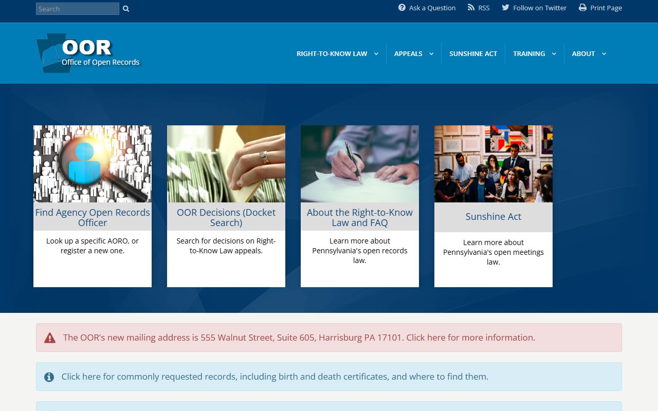 Pennsylvania Office of Open Records homepage for public records appeals and resources